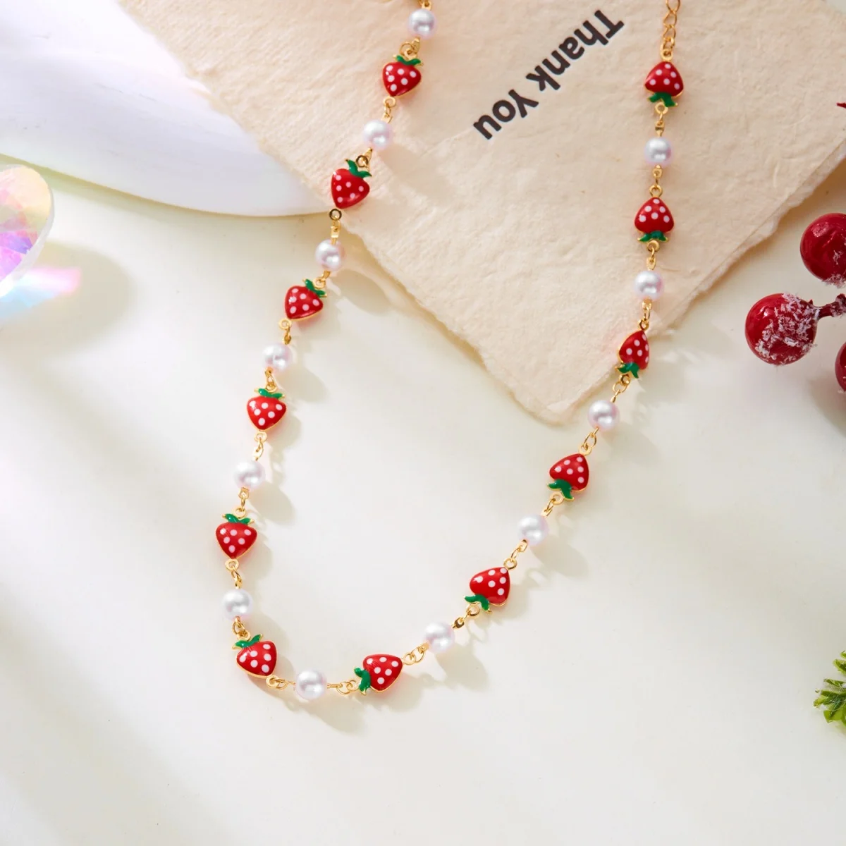 Reisperlen-Erdbeer-Anhänger-Halskette für Damen und Herren, süße, niedliche Kirsch-Herz-Schleifen-Quasten-Halskette, Y2K-Sommer-Modeschmuck – Detail 22