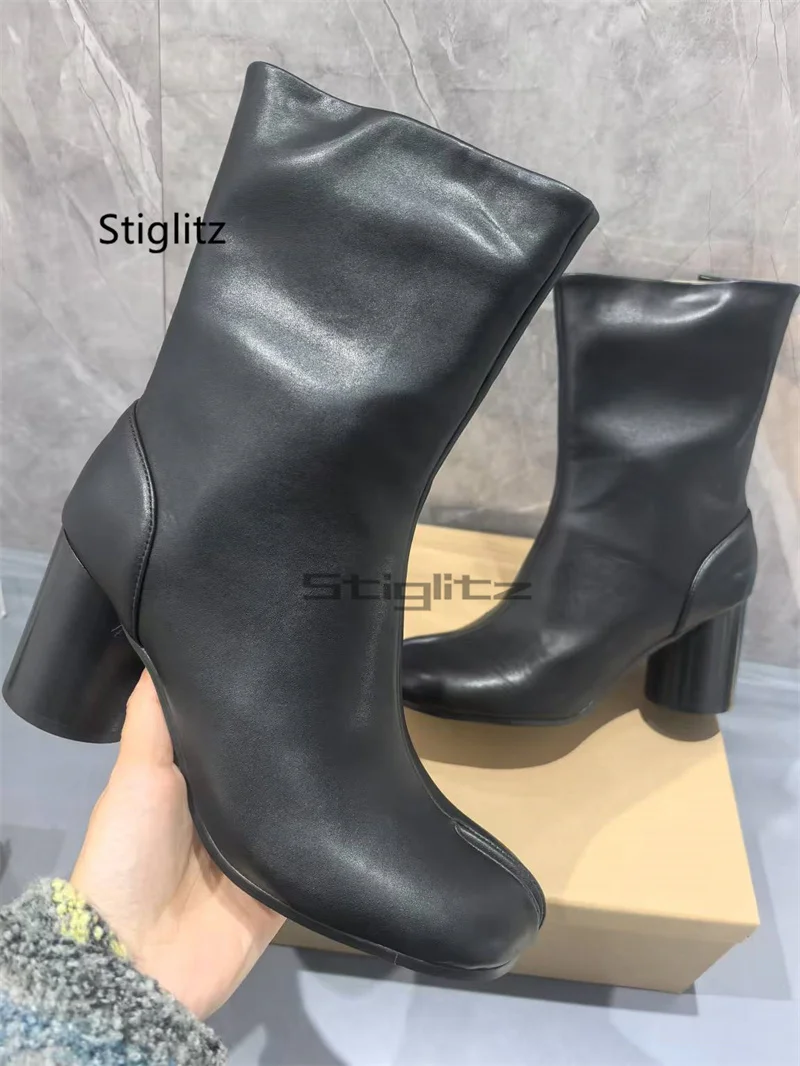 Genuine Leather Tabi Boots for Men Women Split Toe Shoes Round Chunky High Heels Ankle Boots Luxury Design Autumn Winter Shoes