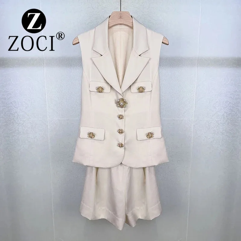 

[ZOCI] French Single 2024 Gold Gentle Temperament Suit Collar Diamond Buckle Waist Look Slim Sleeveless Vest Jumpsuit Shorts Set