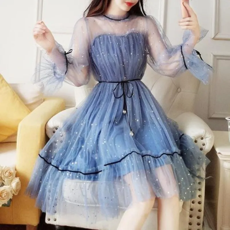 Spring Sweet Mesh Dresses Women Bling Sequin Korean Trendy Students Retro Tender Defined Waist Chic Feminine Long Sleeve Vestido