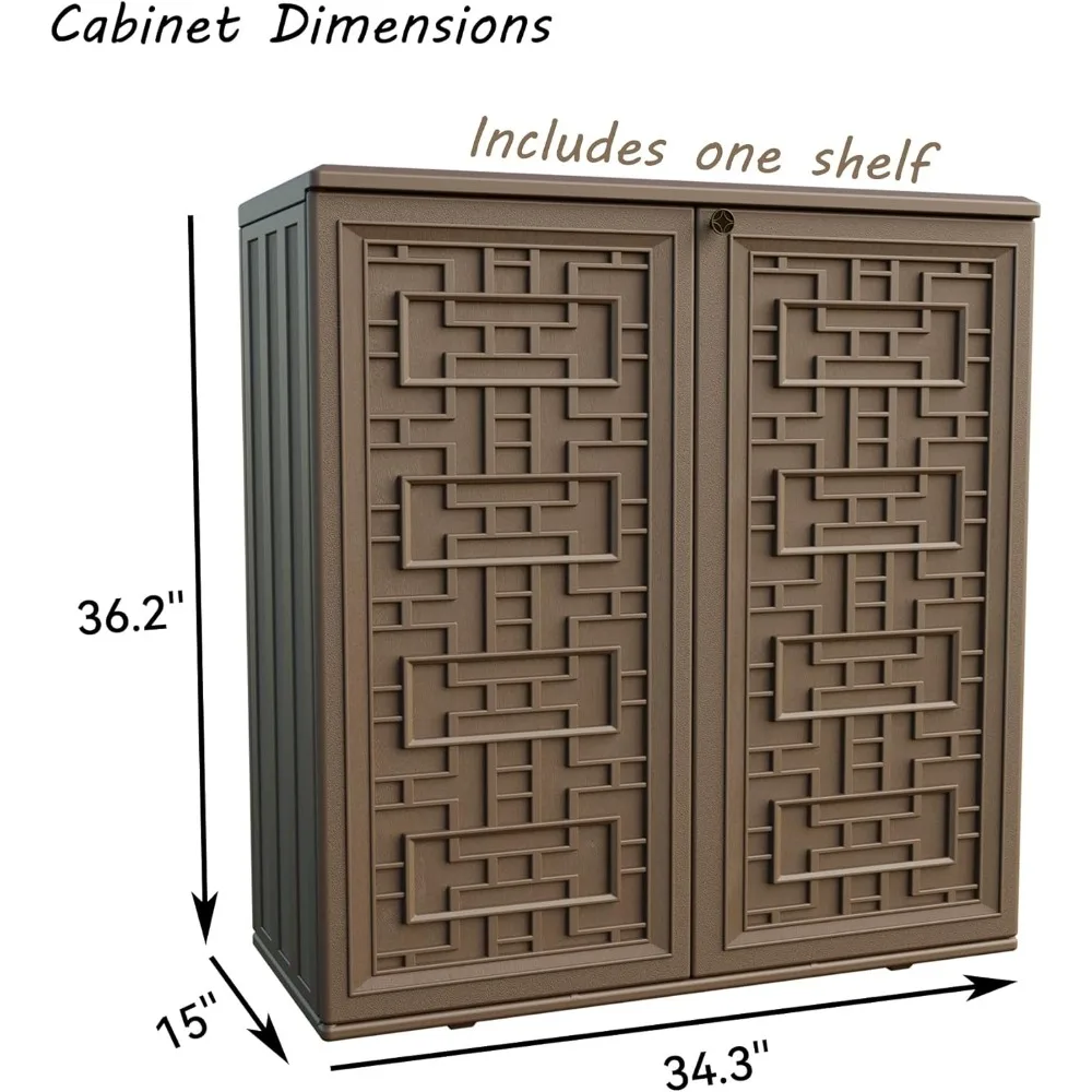 Gabinete de almacenamiento interior y exterior impermeable con 1 estante, gabinetes de almacenamiento de plástico para exteriores para patio/jardín/patio trasero, marrón