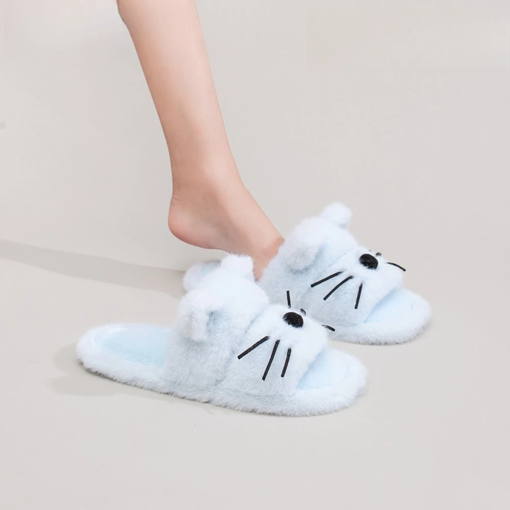 

New Style Autumn Winter Indoor Home Slippers Cute Kitten Soft Fluffy Anti Slip Cotton Slippers for Women