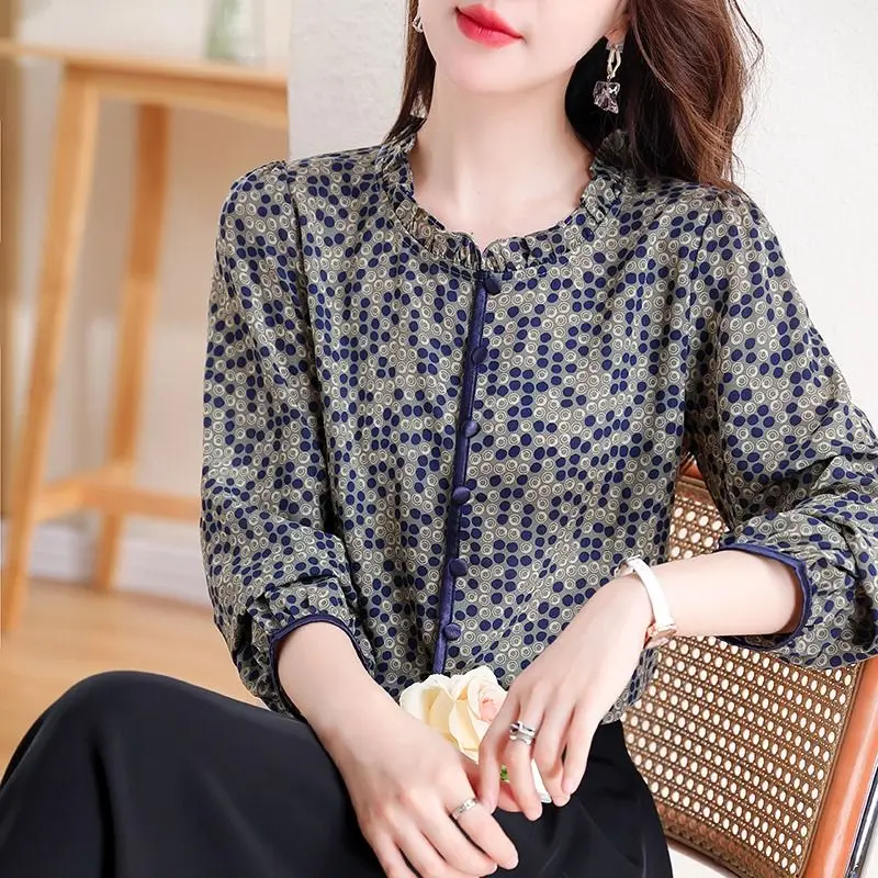 Women\'s Fashion Ruffled Printed Elegant Chic Blouse Vintage Casual Nine Quarter Sleeves Shirt Spring Autumn Stand Collar Blusas