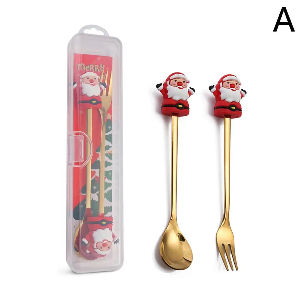 Cartoon Steel Spoon Cute Santa Claus Dessert Fork Tableware Q Fruit Spoon Storage Version Box Fork Q0u0 image 6