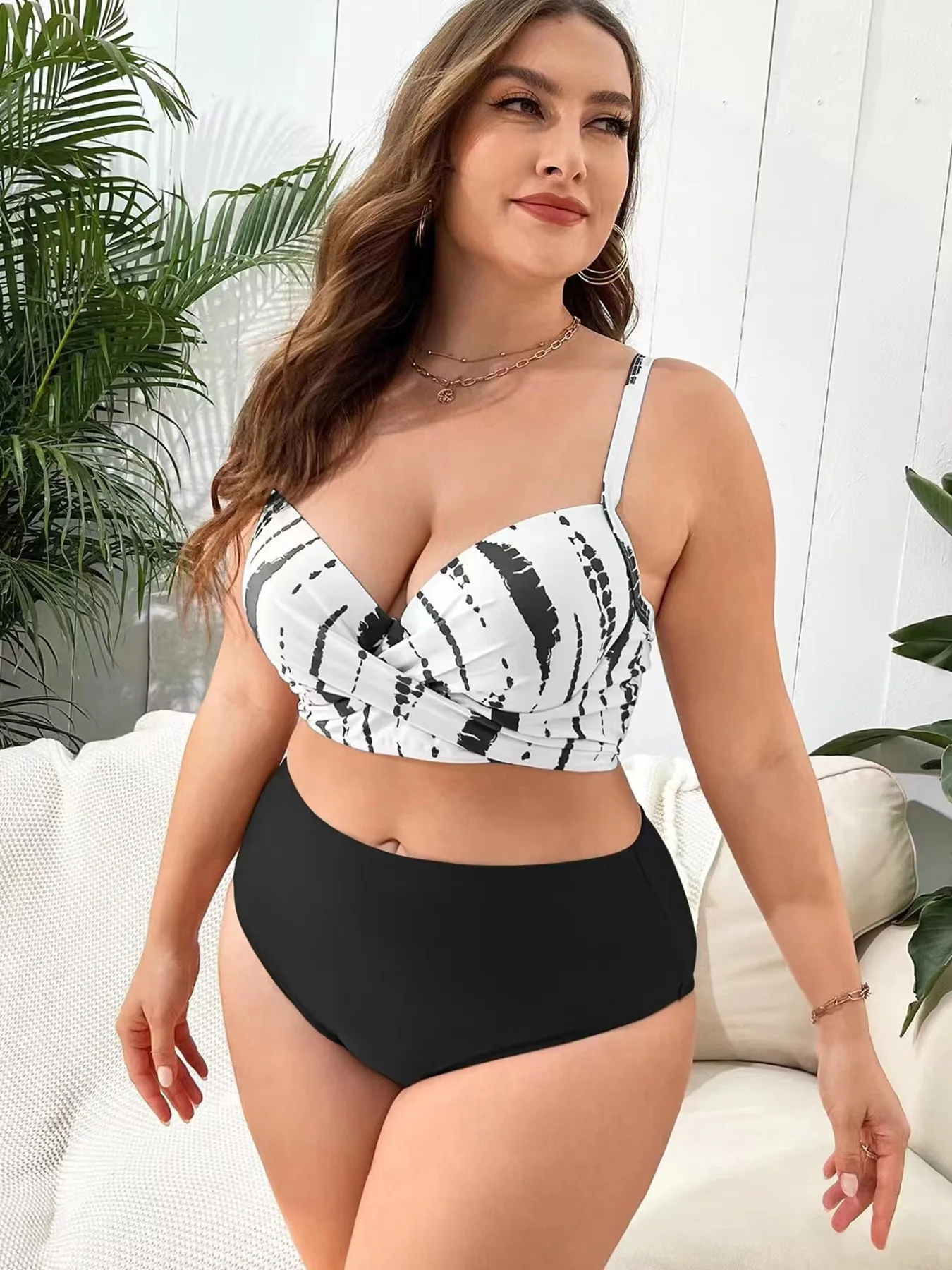 Jucleo New Plus Size Women Swimsuit Sexy Print Swimwear New High Waist Bathing Suit Beach Wear Bather Bikini Two Pieces Set 5XL