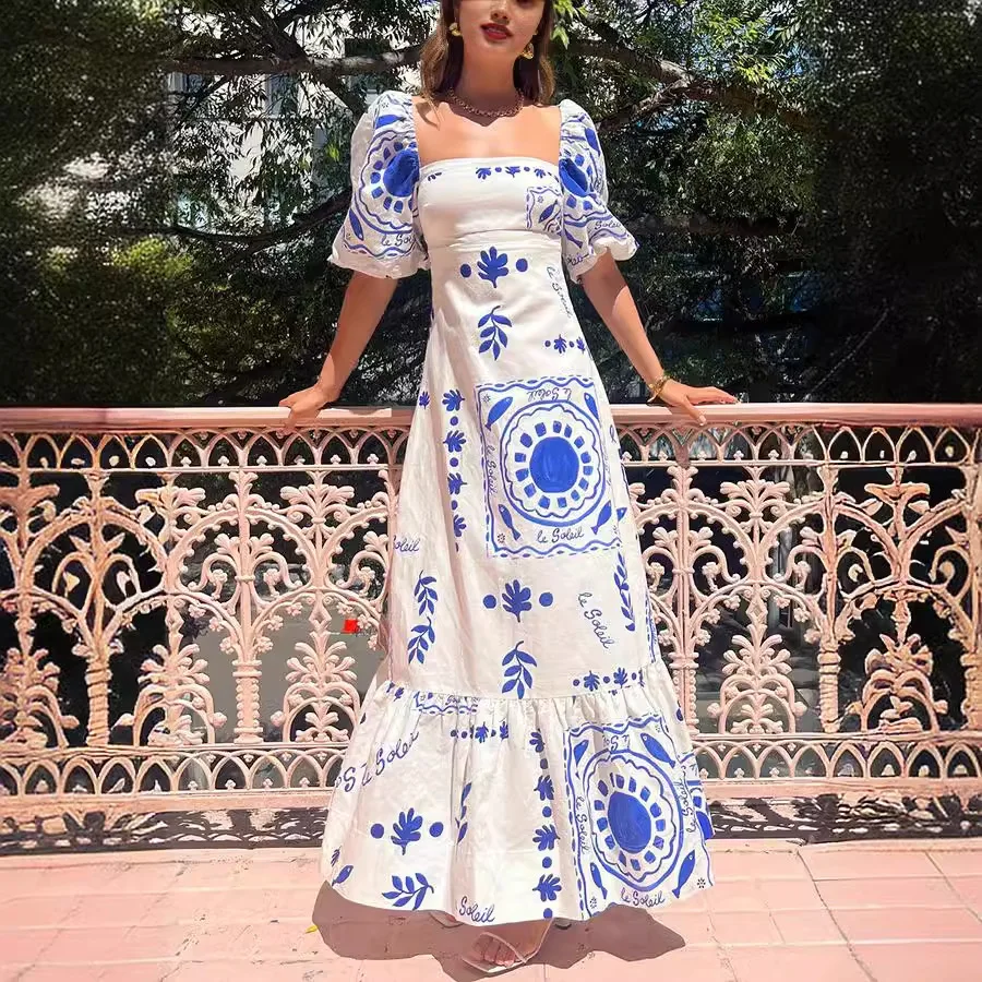 Elegant Summer Printed Maxi Dress Women Puff Sleeve Ruffle Patchwork A-line Pleated Long Dresses Bohemian Holiday Vintage Robes