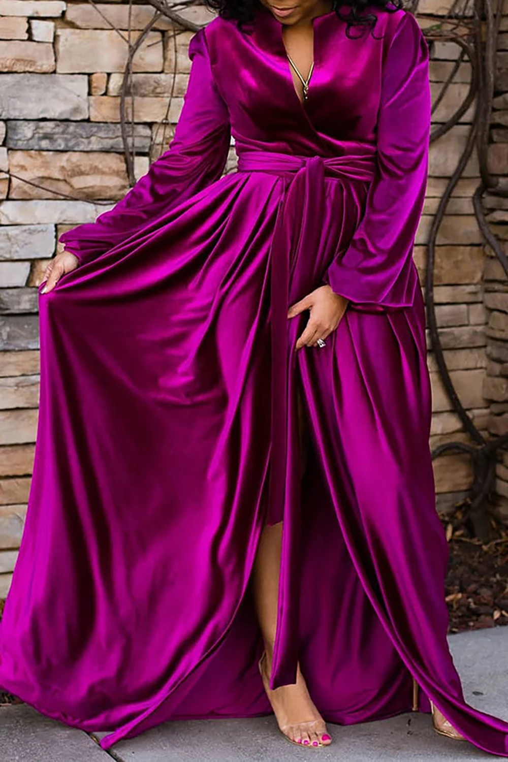 Women‘s Plus Size Elegant Evening Dress Semi Formal Dress Magenta Velvet Lantern Sleeve Autumn Satin Maxi Dress With Belt 2024