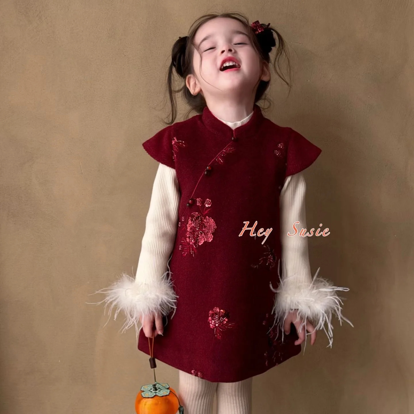 Girls Dress 2025 New Sequined Embroidered Cheongsam Dress New Chinese Style Christmas Vest Dress Baby Girls New Year Clothes