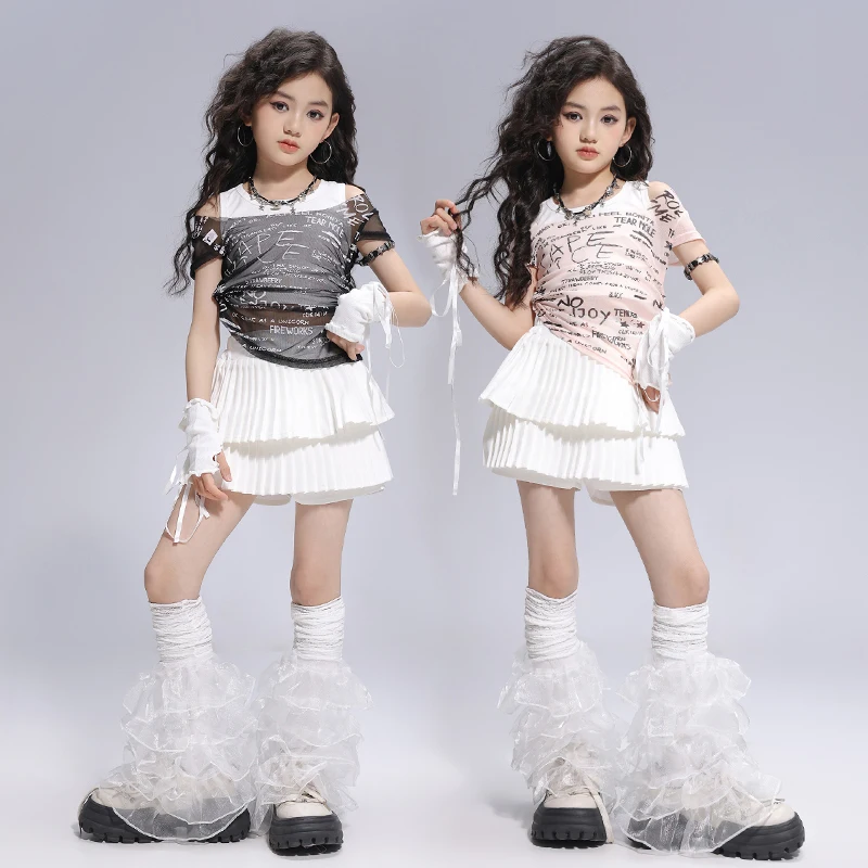 Hip Hop Girls K-pop Mesh Crop Top Shirt Street Dance Tiered Skirts Kids Streetwear Child Jazz Costume Girl Group Clothes Sets