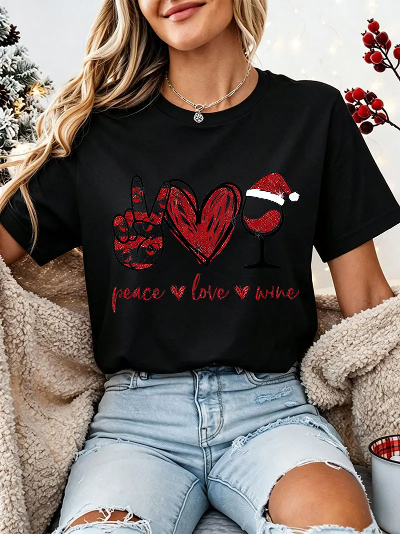 Women Peace Love Wine Graphic T Shirt Short Sleeve Crew Neck Ladies Xmas Tees Soft Casual Loose Fit Daily Female Holiday Outfit