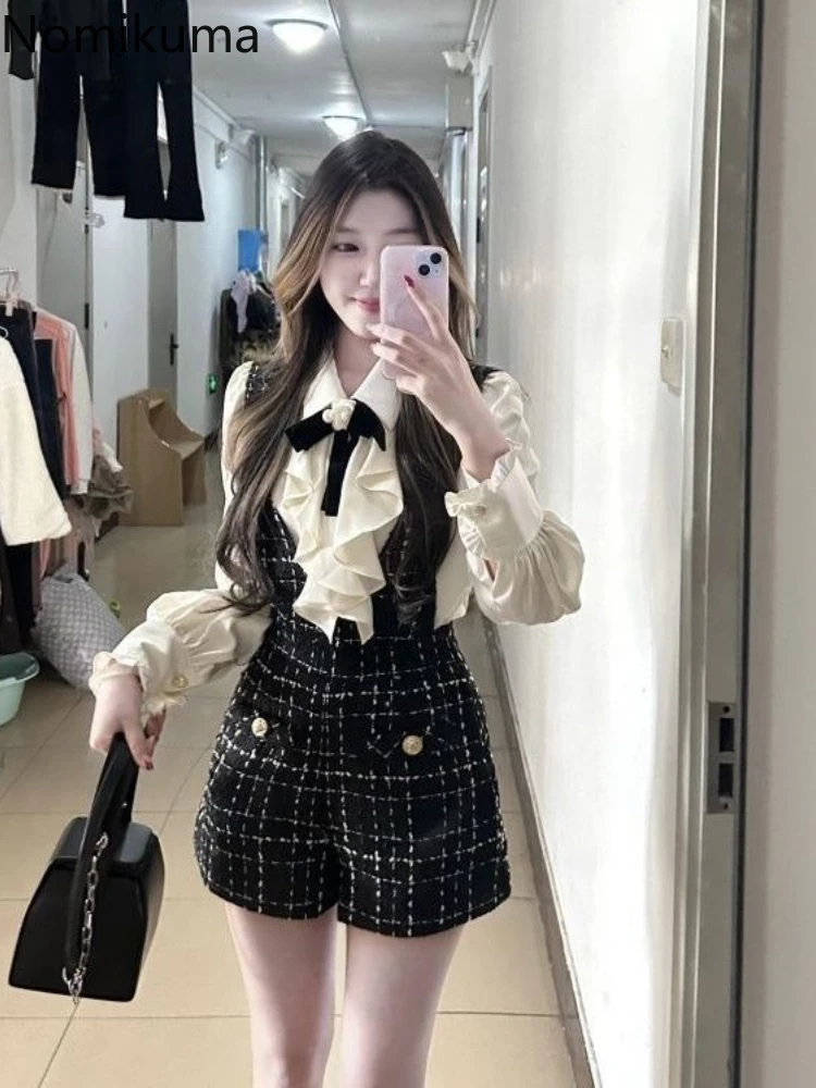 Two Piece Sets Womens Outfits Ruffles Long Sleeve Blouses Plaid Overalls Shorts Suit Roupas Femme Chic Temperament Korean Set