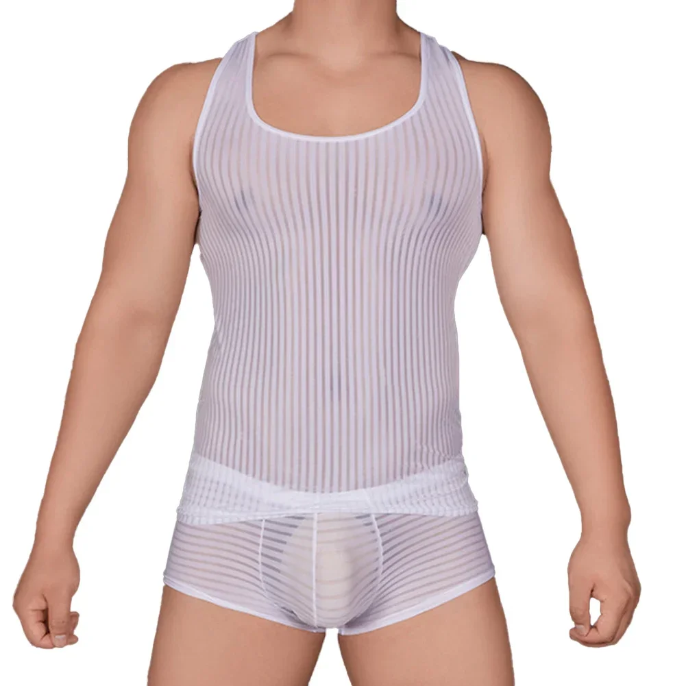 Sexy Men Vest Mesh Stretchy Underwear Posing Fit Muscle Tank Top Ultra-thin Transparent Tees Comfort Breathable Sleepwear