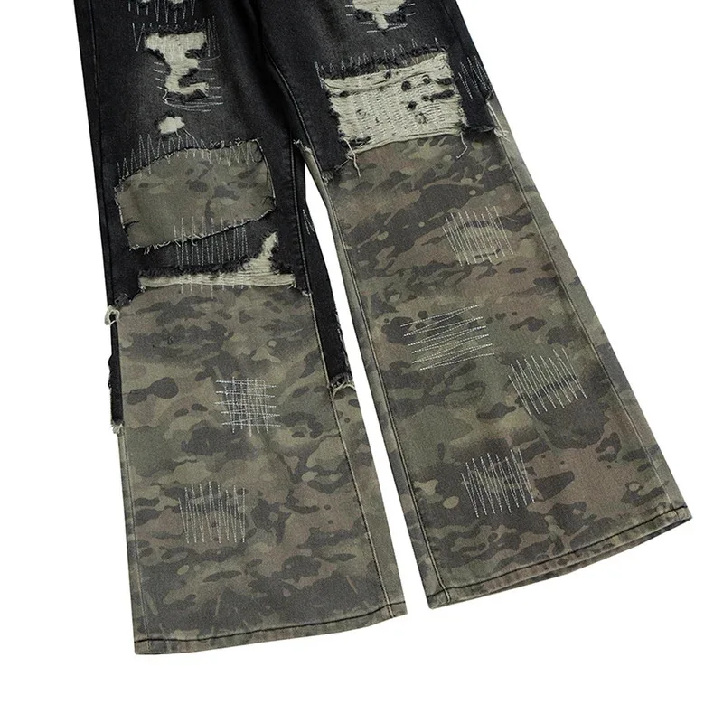 Camuflagem retalhos jeans vintage rasgado emenda azul queimado calças jeans homens streetwear hip hop azul baggy calças jeans