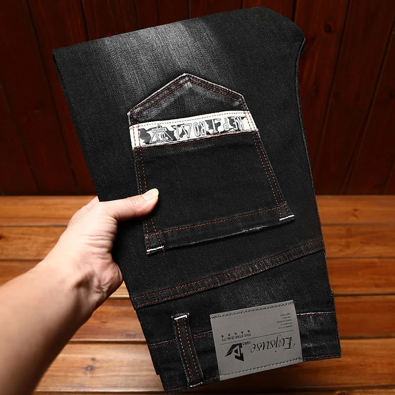 Street Embroidered Black Denim Trousers Men's Fashion All-Match Casual Embroidery Fashion Fashion Elastic Slim Fit Long Skinny P