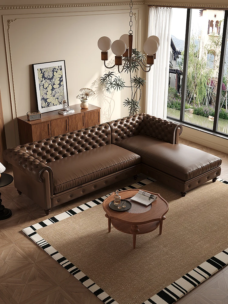 

American retro leather sofa first layer cowhide corner princess living room household small apartment straight row leather sofa