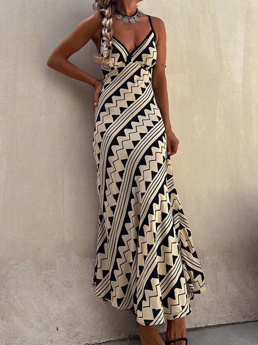 هندسية مطبوعة مثير المرأة ماكسي فساتين أكمام الخامس الرقبة ألف خط حمالة السيدات Vestidos موضة فستان طويل غير رسمي للمرأة