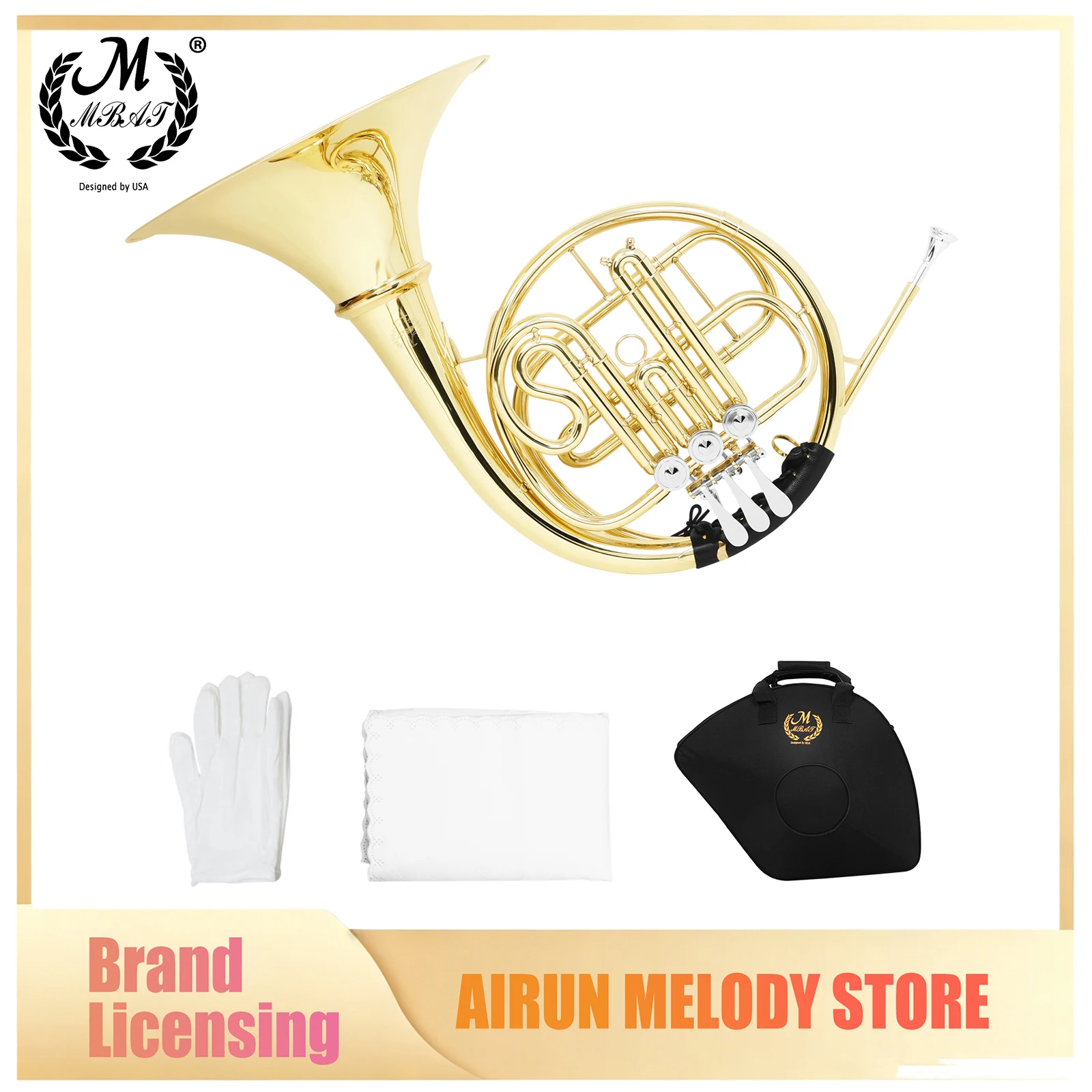M MBAT 3-Key Split French Horn Gold Lacquered Brass Detachable French Horn Matching Carry Case French Horn Complete Accessories
