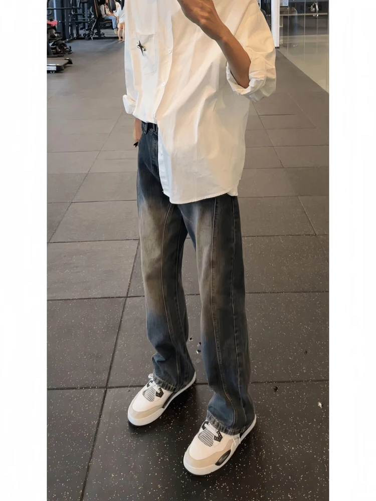 American High Street Vibe Men's Spring Autumn Workwear Jeans Straight Leg Micro Flare Long Trousers Retro Blue Denim Patchwork