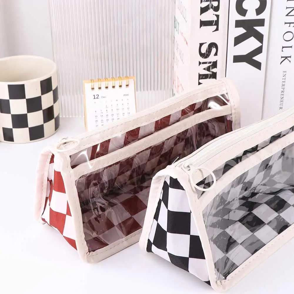 Transparent Checkerboard Pattern Pen Case PVC Waterproof Kids' Pencil Cases Creative Cassic style Lattice Pencil Bag