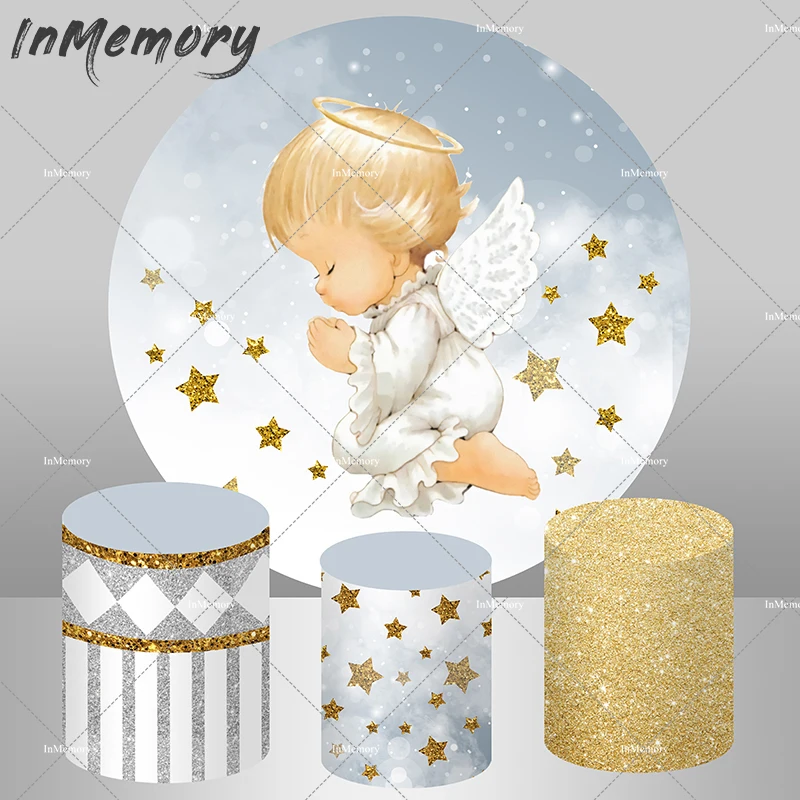 First Holy Communion Round Circle Backdrop For Boy God Bless Party Decor Photography Background Kids BirthdayCylinder Cover