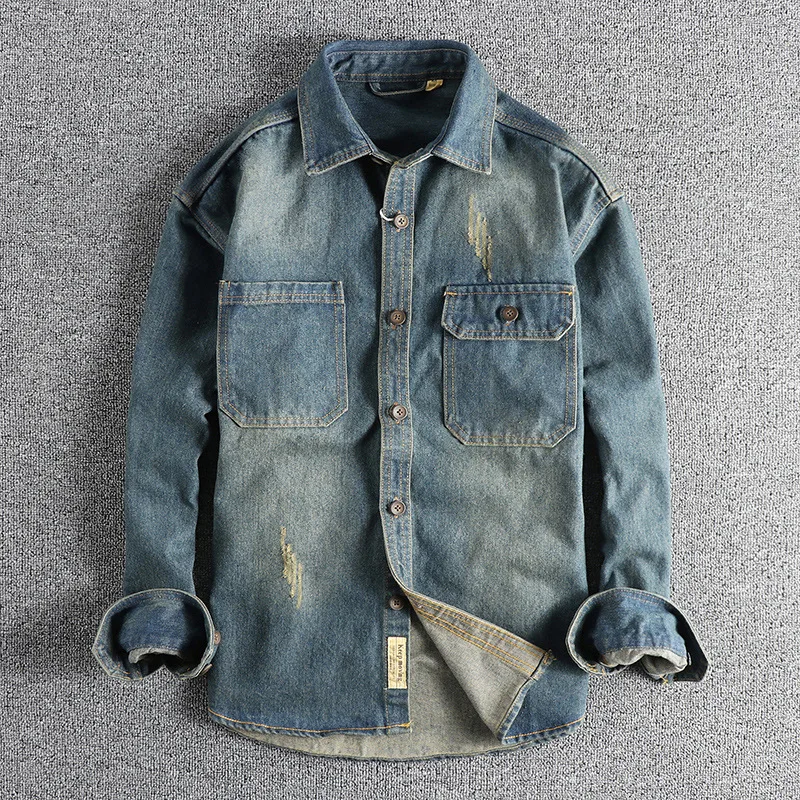 2026 Spring New Fashion Distressed Retro Denim Shirts for Men and Women Loose Stiff Trendy Youth Shirts Boutique Clothing