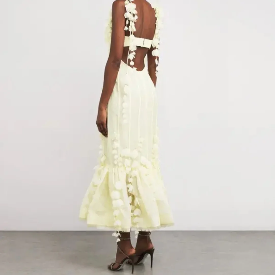 อแมนดา ชุดราตรีสีเหลืองแบบสั่งตัด ทรงเมอร์เมด ประดับดอกไม้ สายเดี่ยว แบบเวสติโดส เดอ โนเช่ เปิดหลัง ยาวระดับข้อเท้า สำหรับงานเลี้ยงอย่างเป็นทางการ ปี 2025