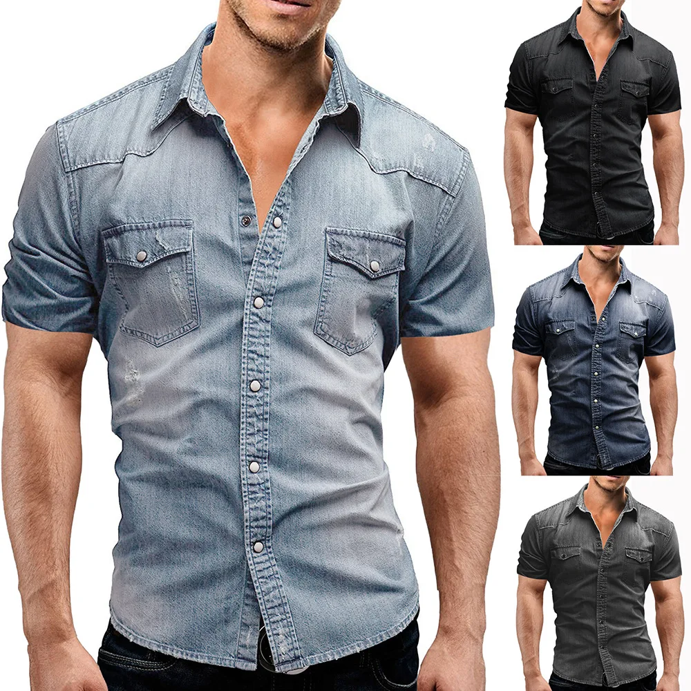 

Men Summer Denim Thin Shirt Short Sleeve Soft Cotton Two Pockets Slim Slight Elastic Jeans Cowboy Shirt Clothing 2024