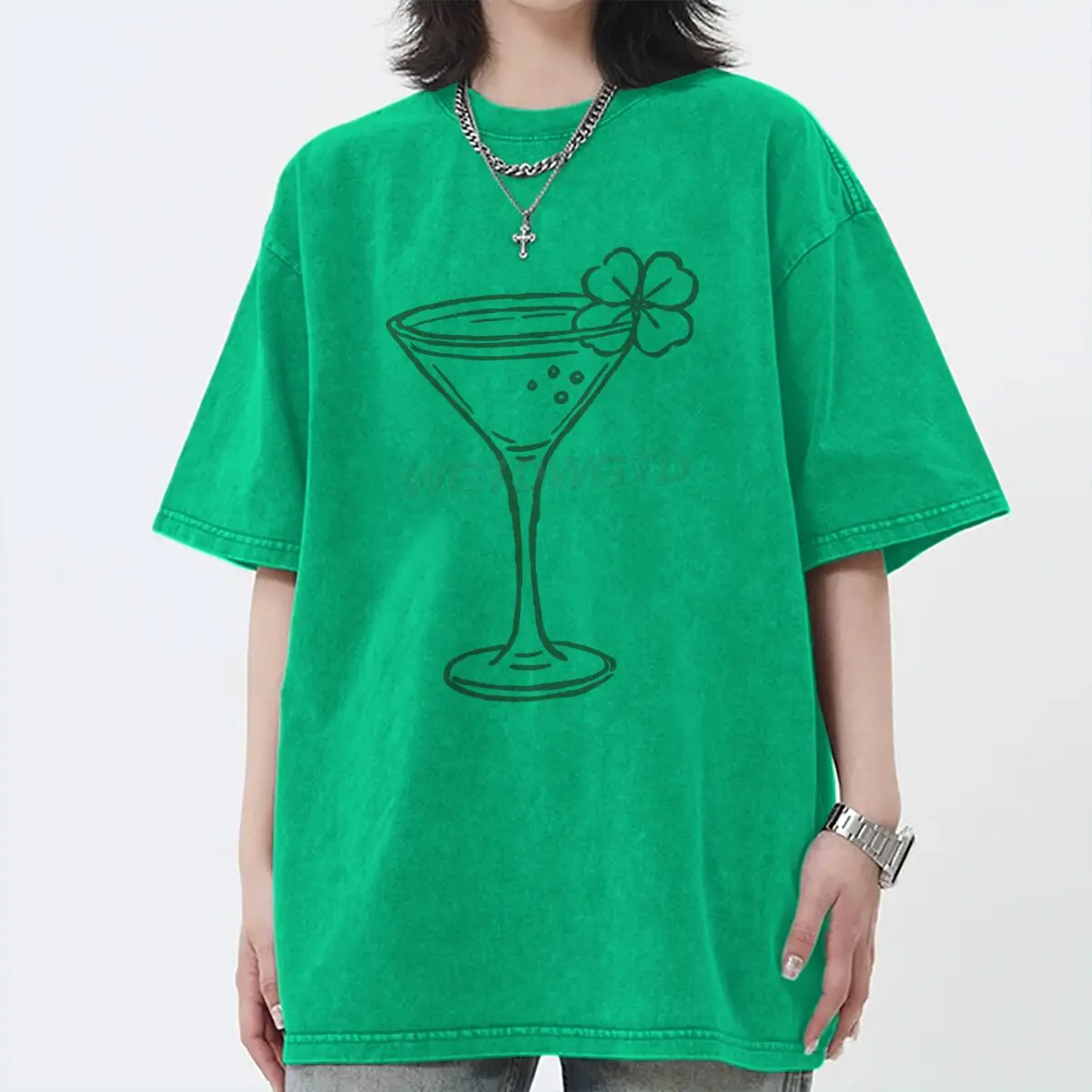 

St. Patrick's Day Cocktailv Printed T Shirt American Style Washed Oversized T-shirt for Women Clothing Short Sleeve Cotton Tees