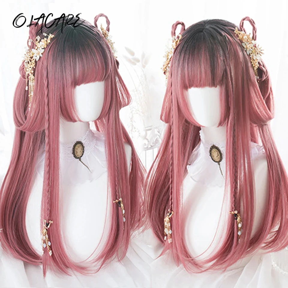 

Long Straight Ombre Black Pink Red Cosplay Wigs Heat Resistant Synthetic Wigs WIth Bang Natural Lolita Wigs For Women LM