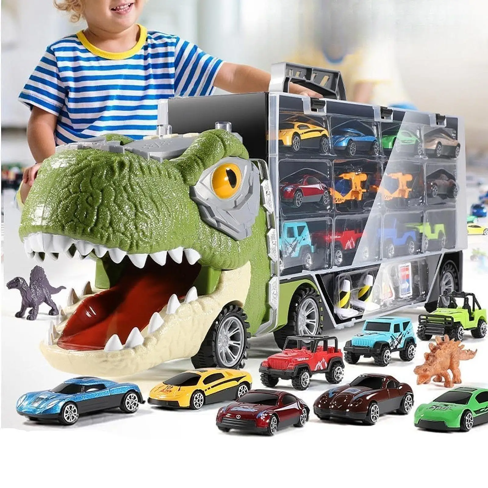 

Dinosaur Track Sliding Cars Transport Truck Carrier with 10 Mini Cars Funny