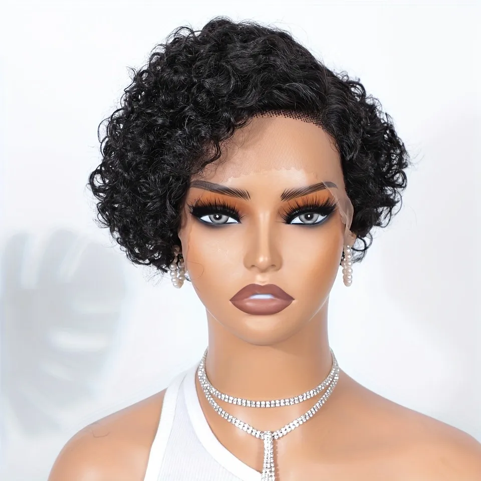 curly Short 13×1 T part Transparent Lace 6inch natural black color Human Hair Wigs For Women 150% density Pixie Cut Wig