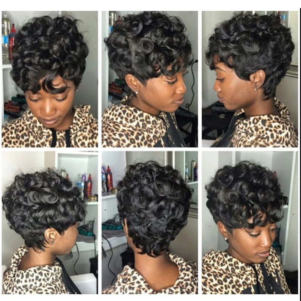 에그 컬리 픽시컷 가발 짧은 인모 가발 앞머리가 미리 뽑혀진 여성용 브라질리언 헤어 기계식 제작 즉시 착용 가능 자연스러운 가발