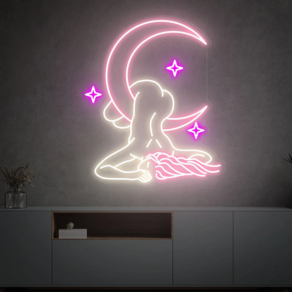 Moon Sexy Girl Star Neon Sign Woman Body Neon Custom Handmade Art Neon Light White Vibes for Wall Decor Personalized LED Lights