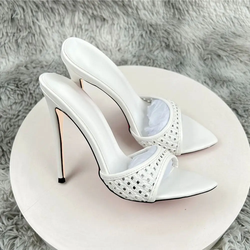 

Белые неглубокие тапочки на высоком каблуке с острым носком на шпильке, модные плетеные уличные тапочки из искусственной кожи для ночного клуба, женская обувь LX072