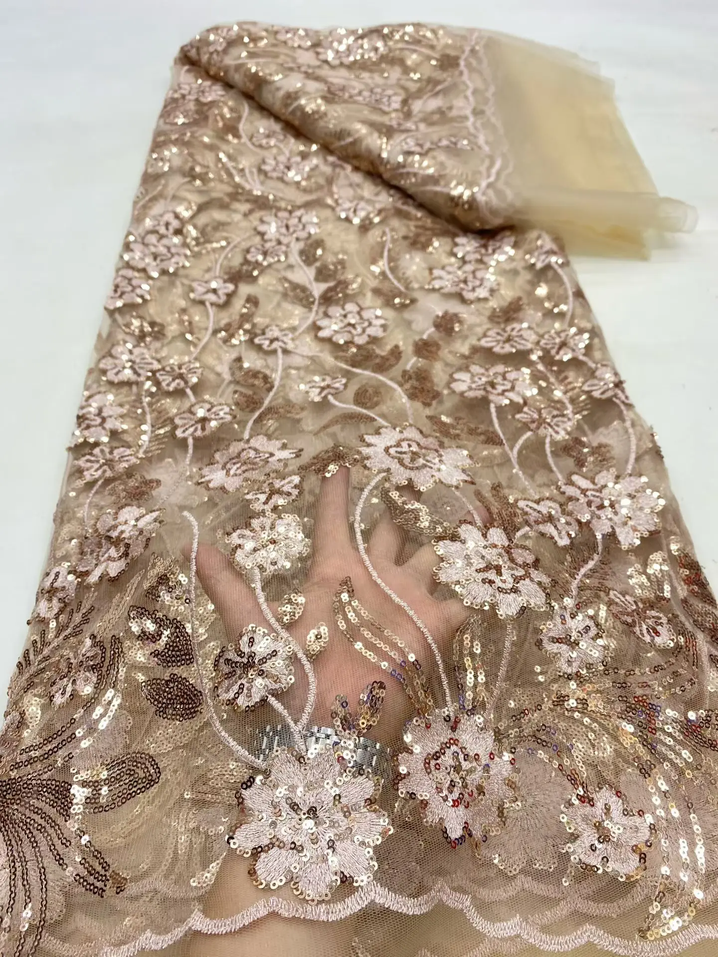 

2025 Premiu Nigerian Lace Fabric( 5Yards) - Luxury Embroidered Guipure Tulle with Sequins for Wedding/Bridal Gowns,African Desig