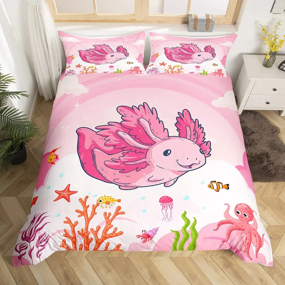 

Axolotl Duvet Cover Set Pink Newt Wildlife Comforter Cover with Pillowcases Cartoon Octopus Animal Kawaii Style Twin Quilt Cover