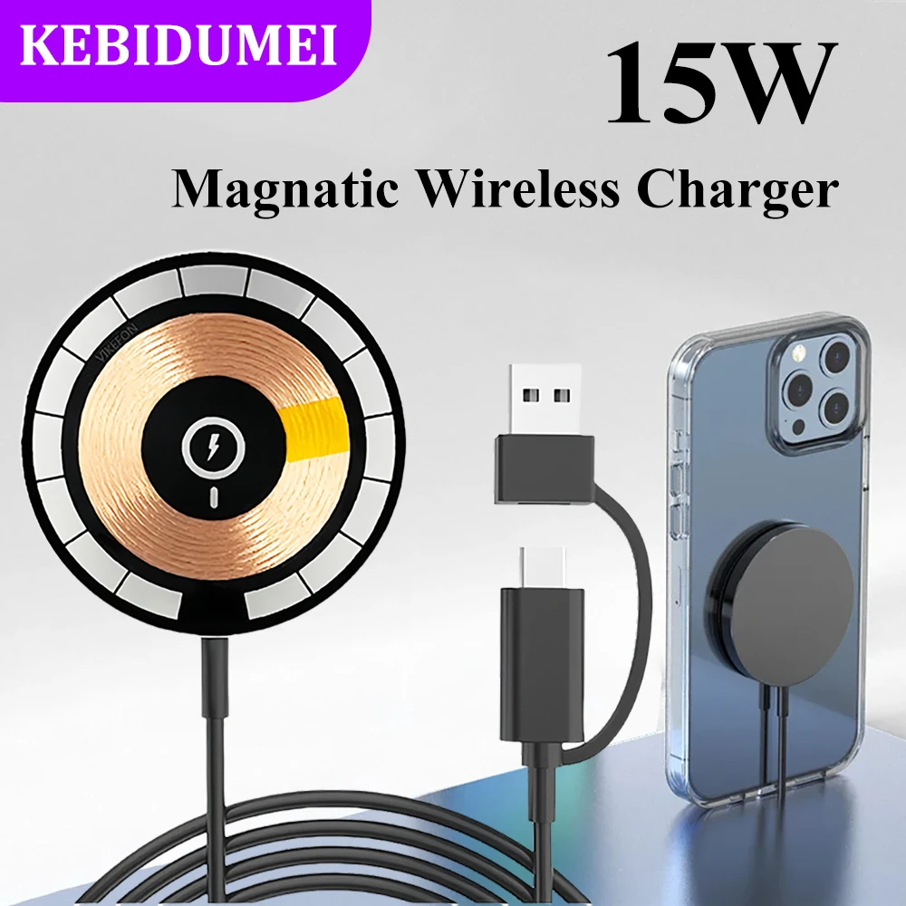 15W Magnetic Wireless Charger USB Type C Magnetic Fast Charging Pad Stand for iPhone 14 13 Pro Max Sumsang Xiaomi Huawei