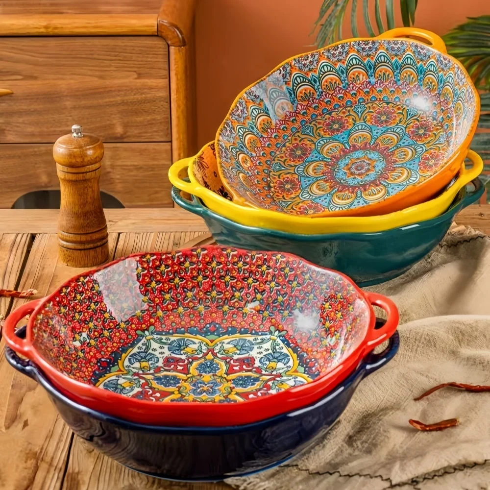 Para sopa bohemia amphora, sopa grande de cerámica para el hogar, fideos, vajilla de alto valor, lazo grande para sopa ramen
