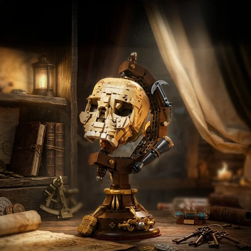 Dark retro skull astronomical instrument building block set, pirate-style home decoration ornament gift
