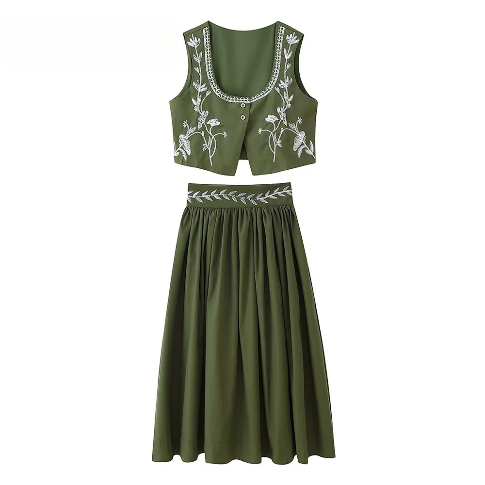 

KONDALA Chic 2025 Embroidery Floral Green Holiday Fall Woman Suit Short Vest+Pleated Long Skirt Fashion Female Vintage Mujer Set