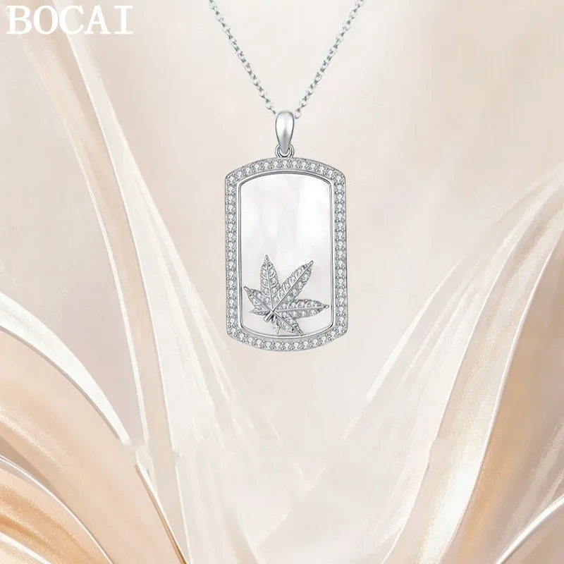 S925 Sterling Silver Jewelry Fashionable And Luxurious White Mother Of Pearl Maple Leaf Square Pendant Women's Selected Gift