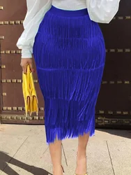 Elegant Women Bodycon Tassels Skirt High Waist Midi Fringe Pencil Skirts Female Plus Size Classy Fashion Black Fuchsia Jupes 4XL