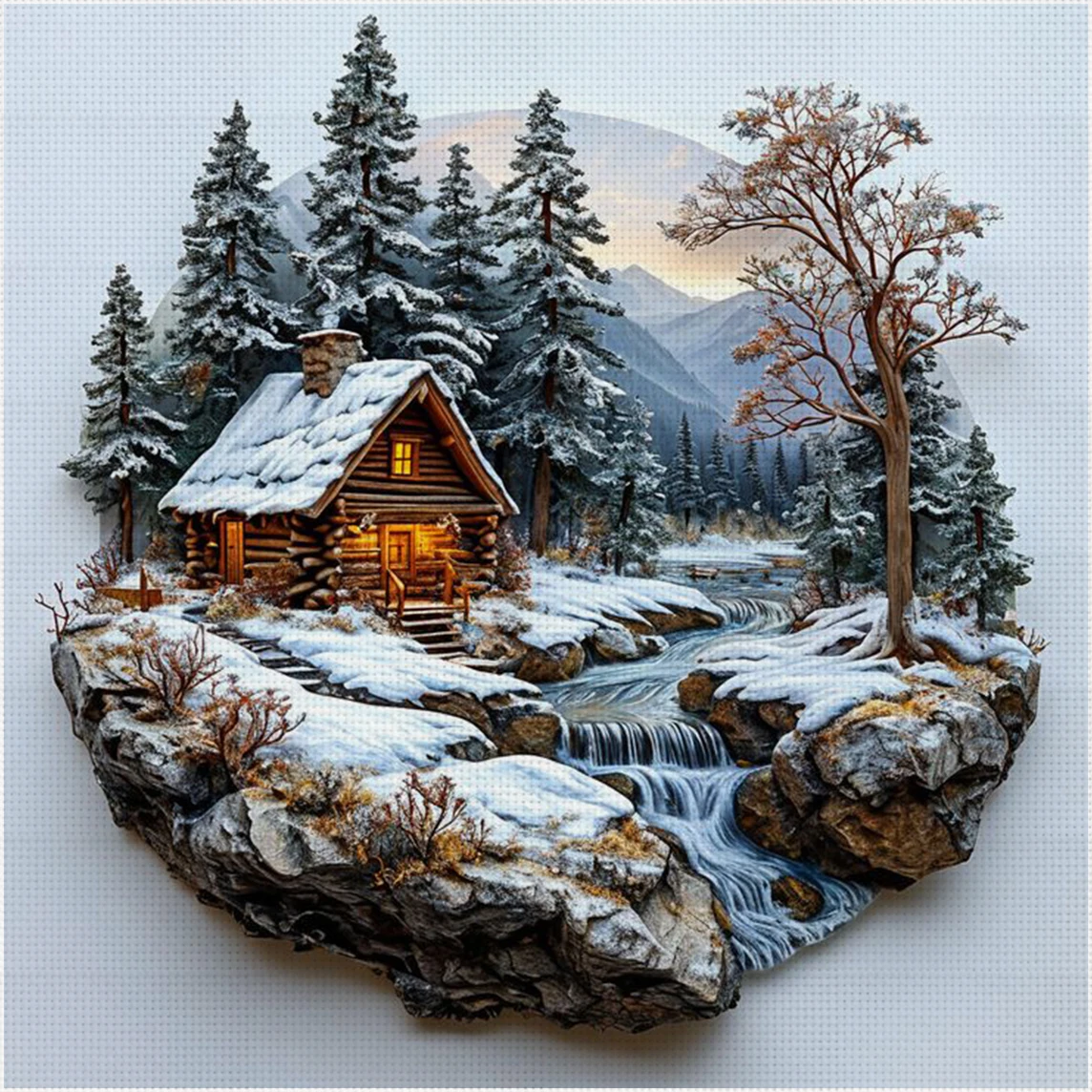 Snowy Stream Cottage Cross Stitch Kit DIY 11CT Embroidery Home Wall Decor Gift Handmade Material Frameless Semi-Finished 36×36cm