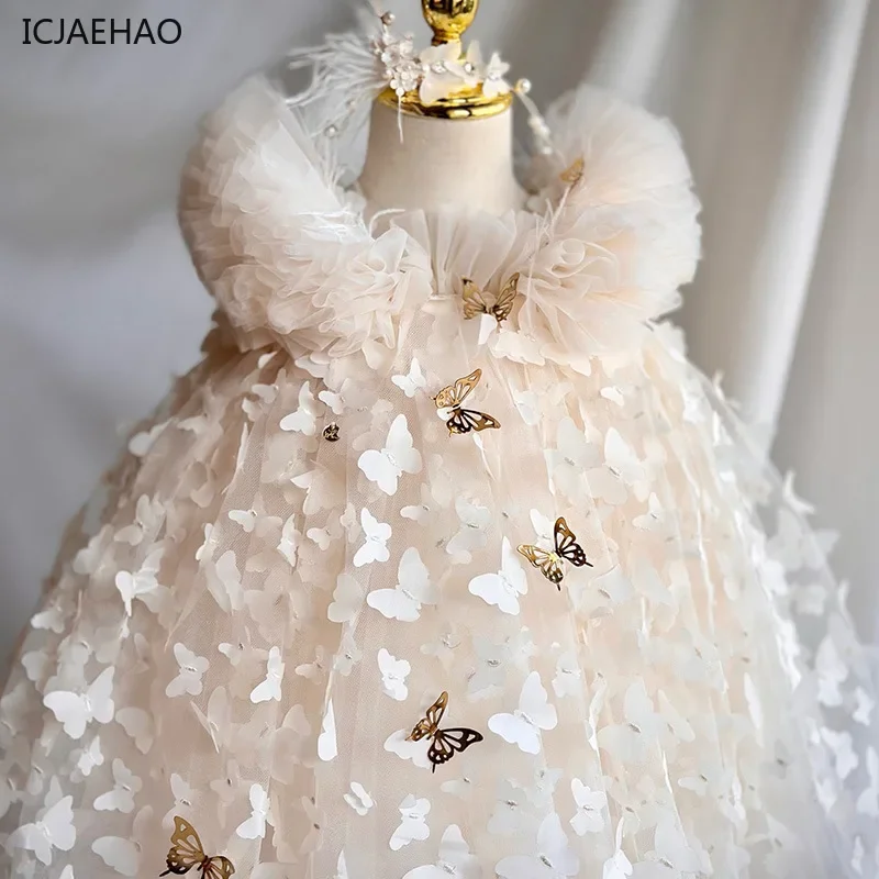 

ICJAEHAO 2024 Infant Baby Girls Lolita Princess Elegant Dresses Matching New Kids Children's Party Champagne Mesh Luxury Dress