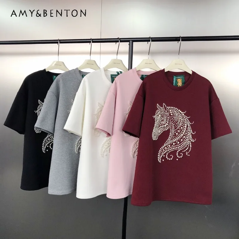 

Trendy Brand Fashion Heavy Beaded Horse Pattern Pure Cotton T-shirt Loose Versatile Pullover Short Sleeved Tees Pullover Shirt