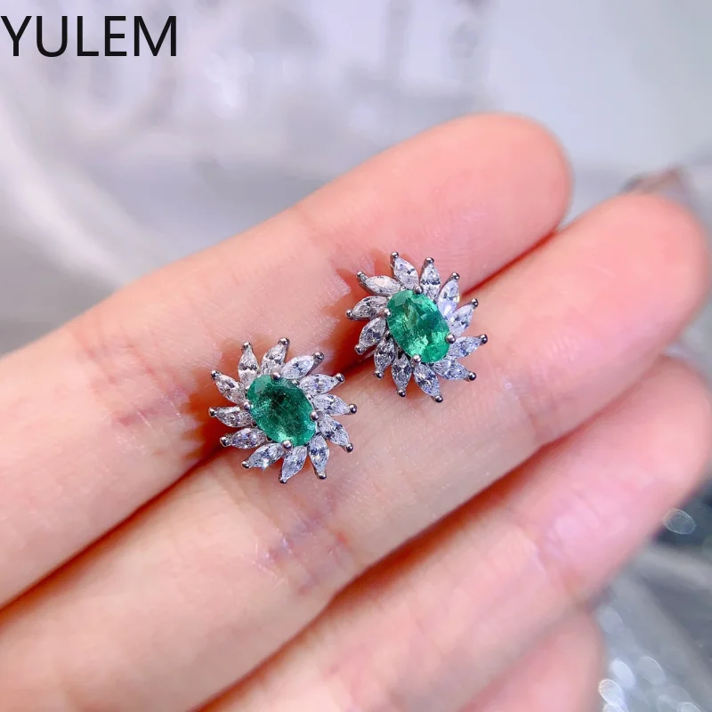 YULEM New Fashion Flower Natural Emerald Gemstone Earrings 925 Silver High-definition Oval Cut Earrings 4x6mm