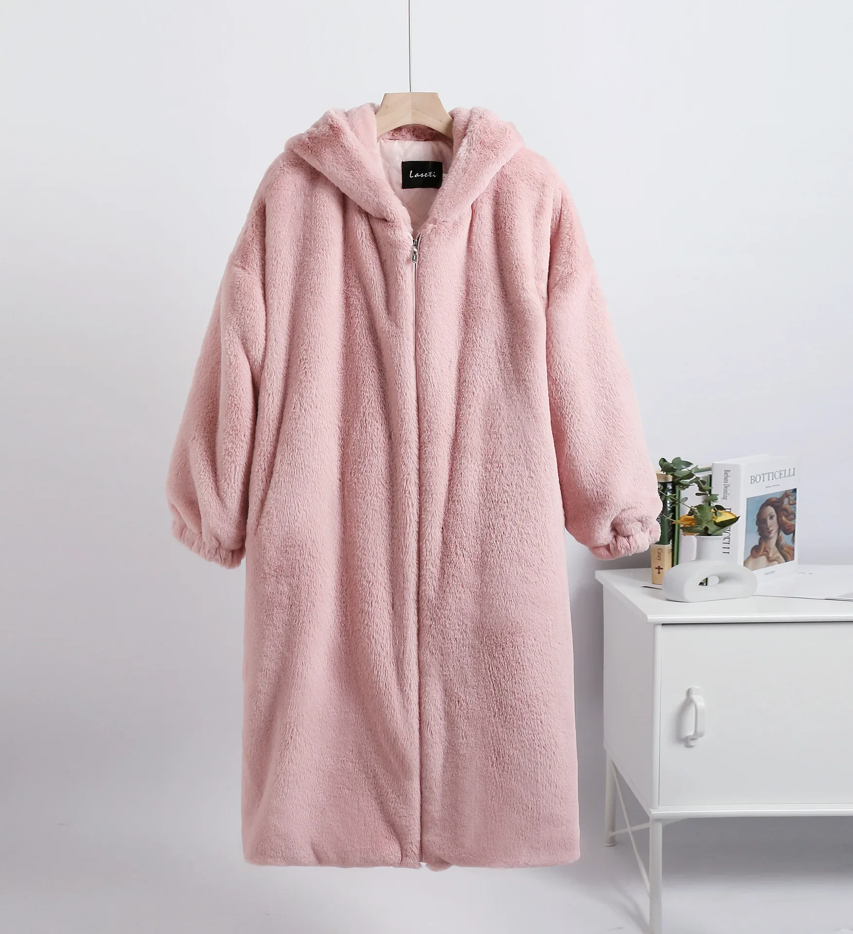 Giacca da donna in pelliccia sintetica spessa con cappuccio rosa autunno inverno maxi cappotto lungo caldo cintura di lusso pelliccia nera Parka Bontjas capispalla peloso