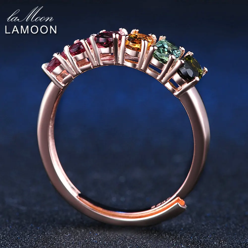 LAMOON 100% Real Natural 6pcs 1.5ct Oval Multi-color Tourmaline Ring 925 Sterling Silver Jewelry with  S925 LMRI005