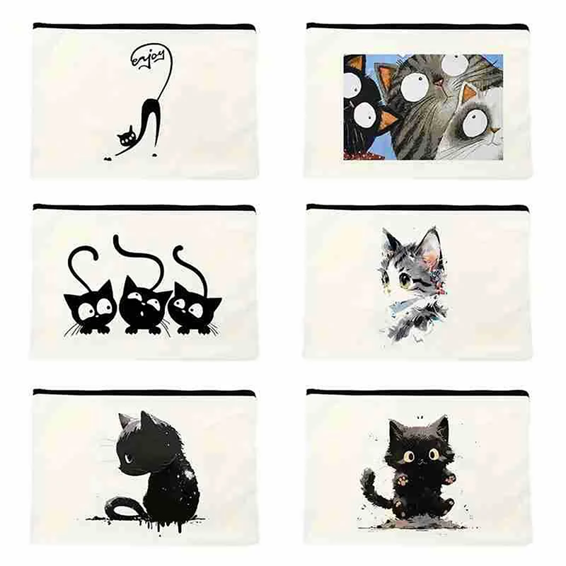 Black Cat Animal Printed Women\'s Cosmetic Bag Fashion Cartoon School Pencil Cases Simple Size Makeup Bags Practical Storage Bag