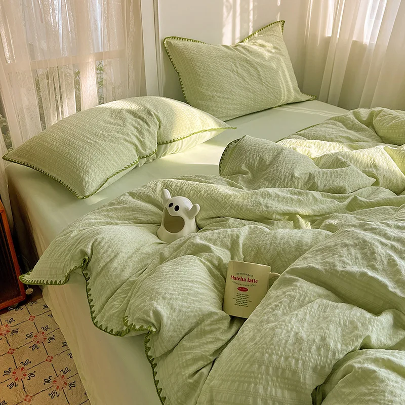 Summer Seersucker Bedding Sets Quilt Cover Bed Flat Sheet Pillowcase Full Queen Bed Linen Set Adult Kids Duvet Covers